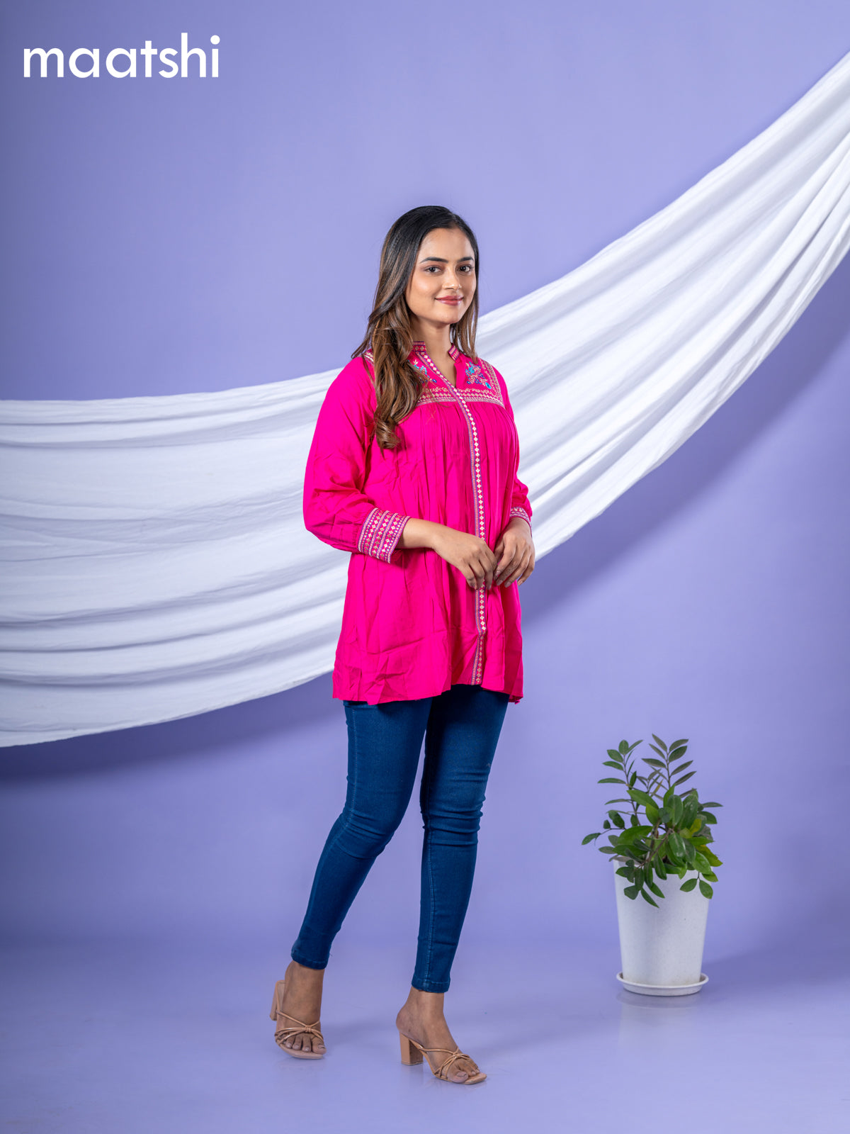 Cotton readymade short kurti pink with plain body & embroidery work collar neck pattern without bottom