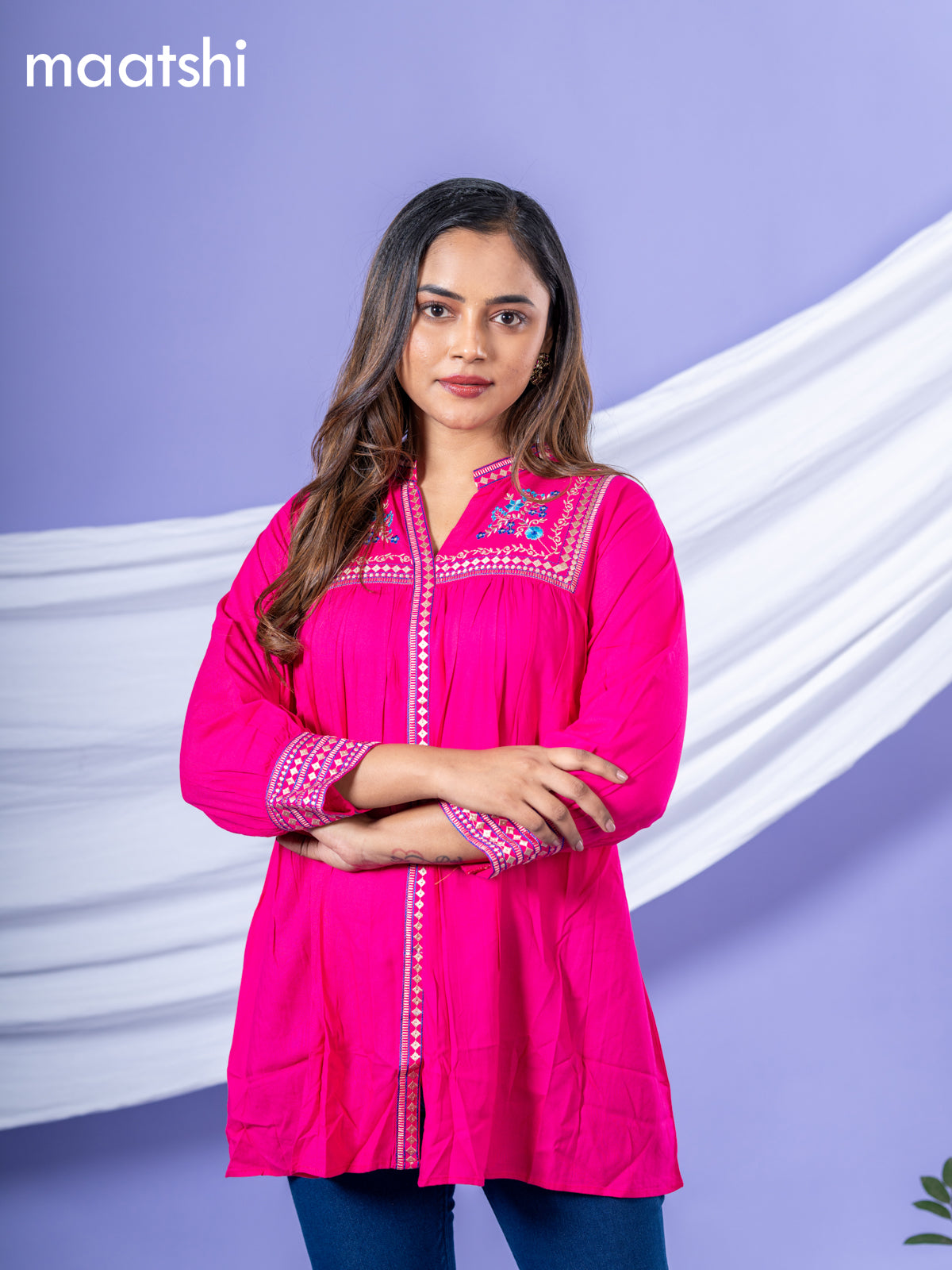 Cotton readymade short kurti pink with plain body & embroidery work collar neck pattern without bottom