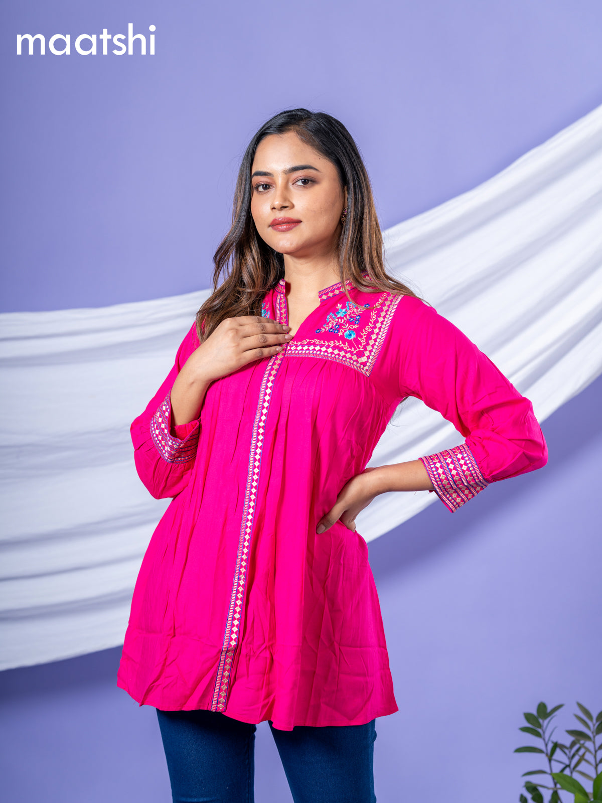 Cotton readymade short kurti pink with plain body & embroidery work collar neck pattern without bottom