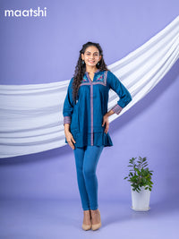 Cotton readymade short kurti peacock blue with plain body & embroidery work collar neck pattern without bottom