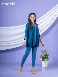 Cotton readymade short kurti peacock blue with plain body & embroidery work collar neck pattern without bottom