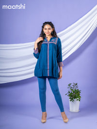 Cotton readymade short kurti peacock blue with plain body & embroidery work collar neck pattern without bottom