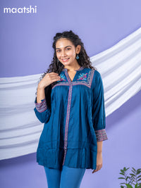 Cotton readymade short kurti peacock blue with plain body & embroidery work collar neck pattern without bottom