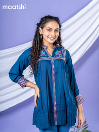 Cotton readymade short kurti peacock blue with plain body & embroidery work collar neck pattern without bottom