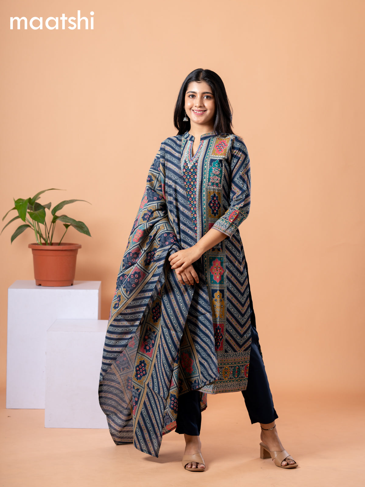 Modal readymade salwar suit navy blue and multi colour with allover prints & embroidery work collar neck pattern and straight cut pant & printed dupatta