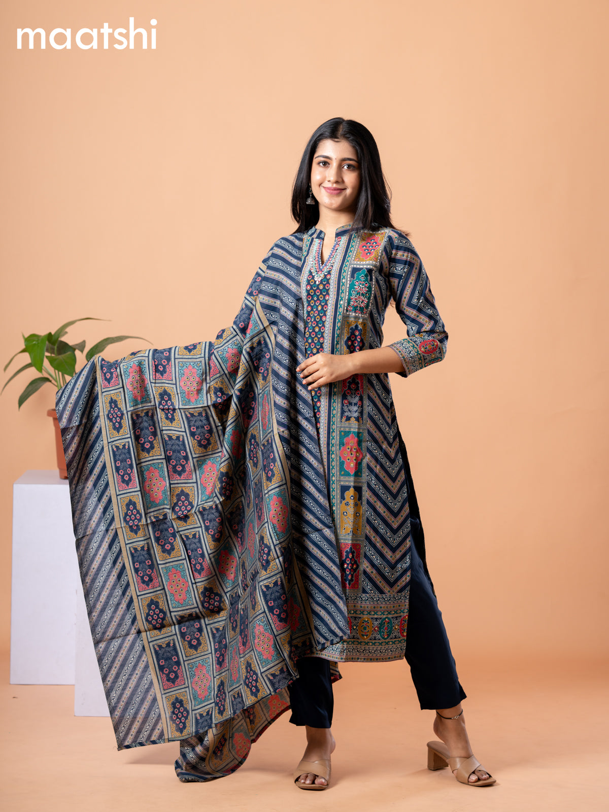 Modal readymade salwar suit navy blue and multi colour with allover prints & embroidery work collar neck pattern and straight cut pant & printed dupatta