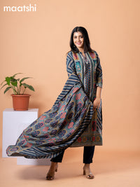 Modal readymade salwar suit navy blue and multi colour with allover prints & embroidery work collar neck pattern and straight cut pant & printed dupatta