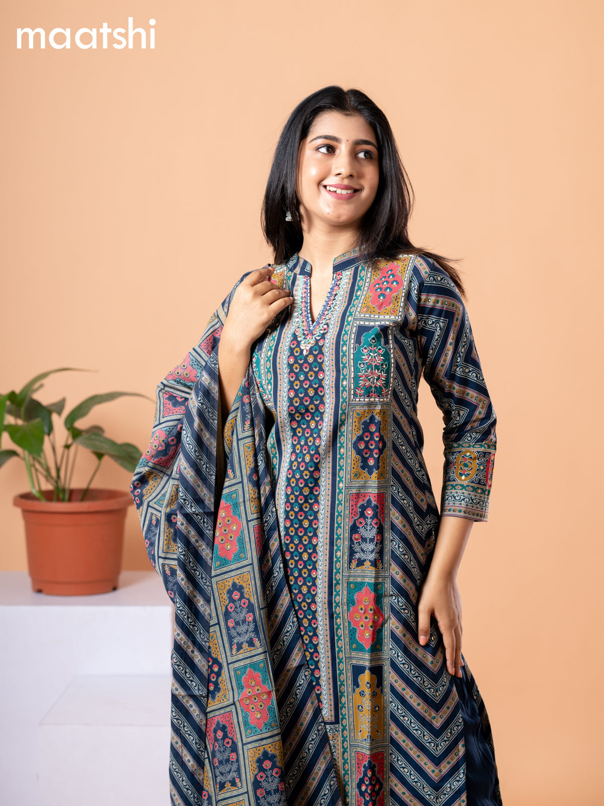 Modal readymade salwar suit navy blue and multi colour with allover prints & embroidery work collar neck pattern and straight cut pant & printed dupatta