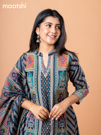 Modal readymade salwar suit navy blue and multi colour with allover prints & embroidery work collar neck pattern and straight cut pant & printed dupatta