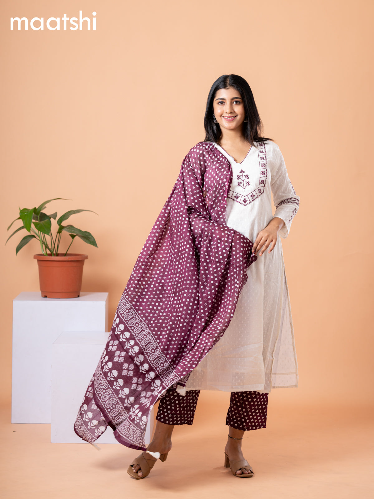 Cotton readymade salwar suit off white and wine shade with allover self emboss & embroidery work v neck pattern and straight cut pant & printed dupatta