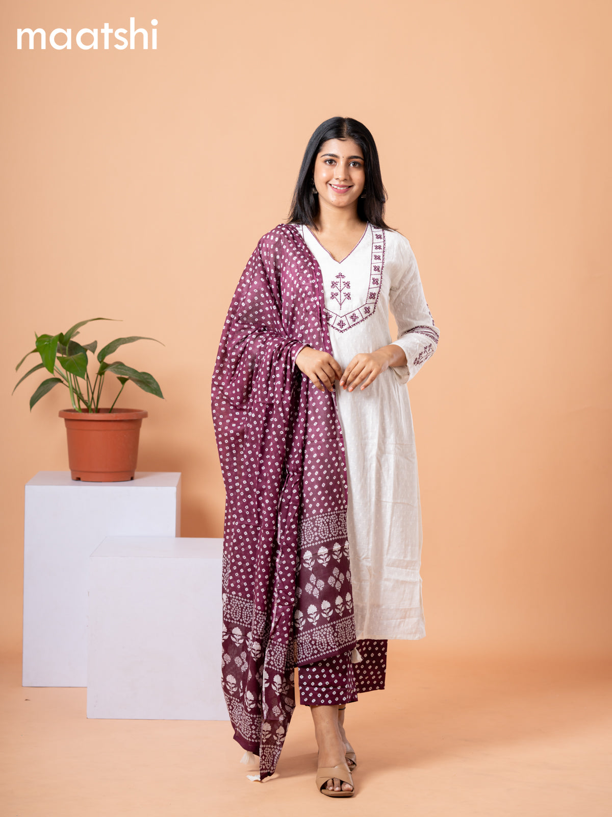 Cotton readymade salwar suit off white and wine shade with allover self emboss & embroidery work v neck pattern and straight cut pant & printed dupatta