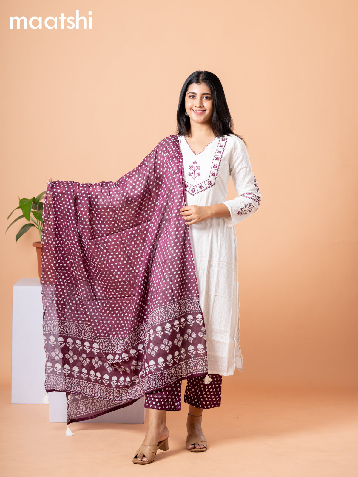 Cotton readymade salwar suit off white and wine shade with allover self emboss & embroidery work v neck pattern and straight cut pant & printed dupatta