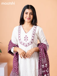 Cotton readymade salwar suit off white and wine shade with allover self emboss & embroidery work v neck pattern and straight cut pant & printed dupatta