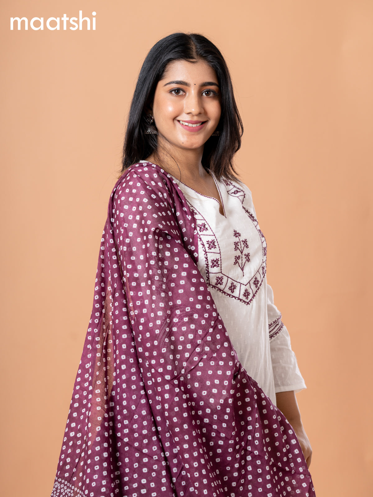 Cotton readymade salwar suit off white and wine shade with allover self emboss & embroidery work v neck pattern and straight cut pant & printed dupatta