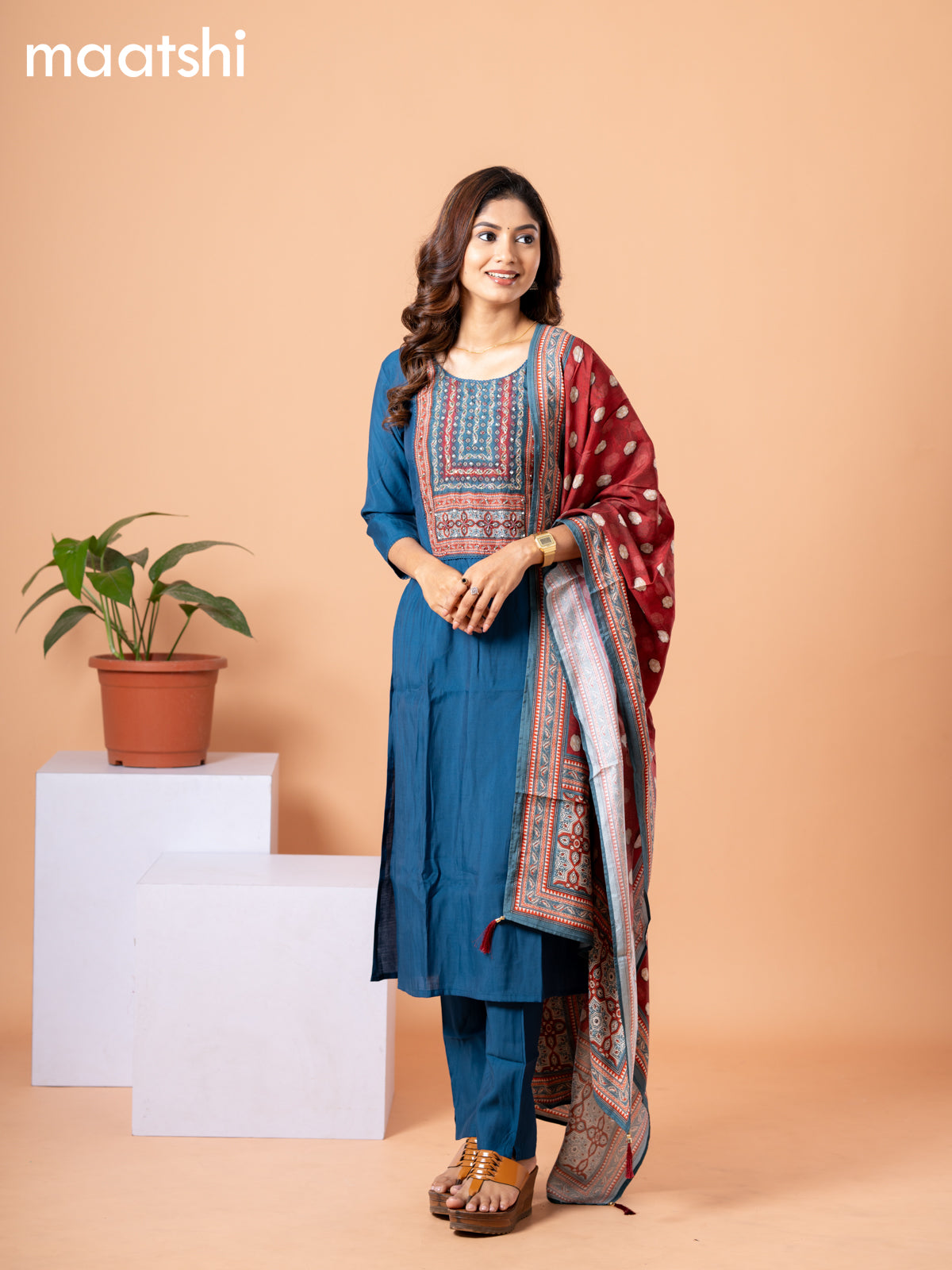 Modal readymade salwar suit peacock blue and maroon with plain body & sequin beaded work neck pattern and straight cut pant & ajrakh prints dupatta