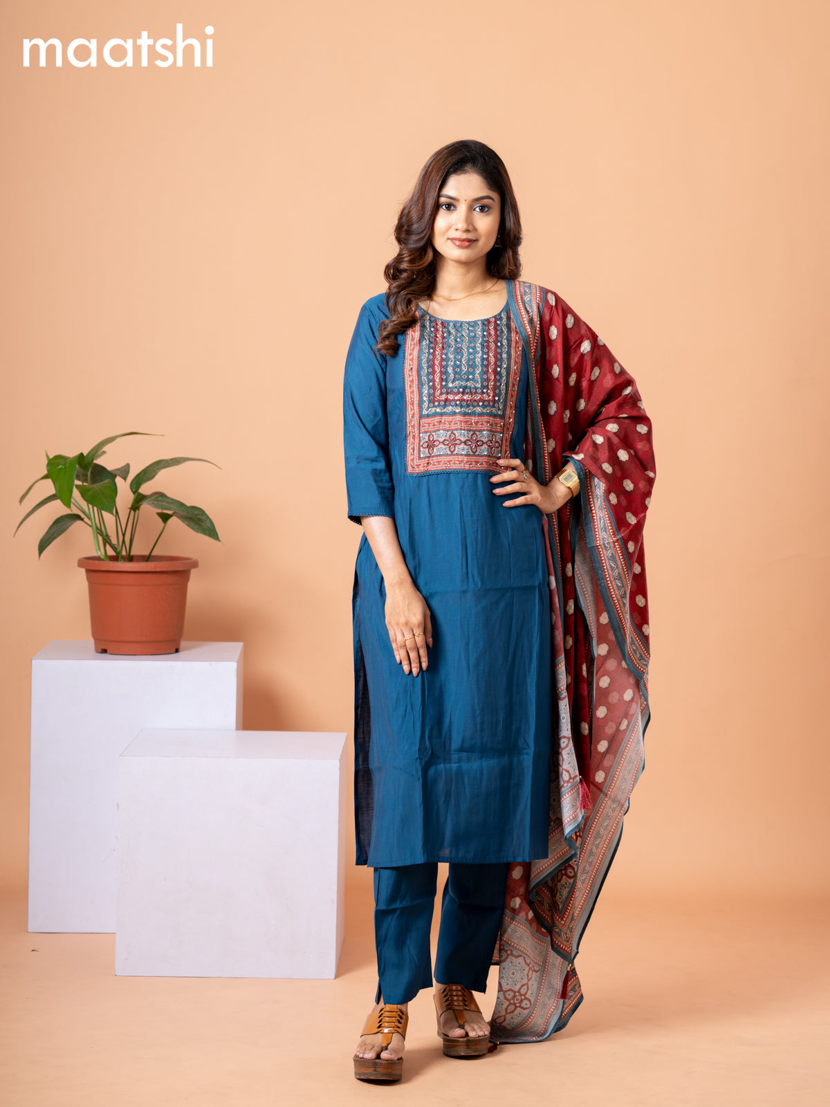 Modal readymade salwar suit peacock blue and maroon with plain body & sequin beaded work neck pattern and straight cut pant & ajrakh prints dupatta