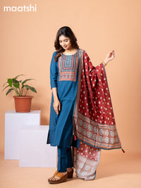 Modal readymade salwar suit peacock blue and maroon with plain body & sequin beaded work neck pattern and straight cut pant & ajrakh prints dupatta