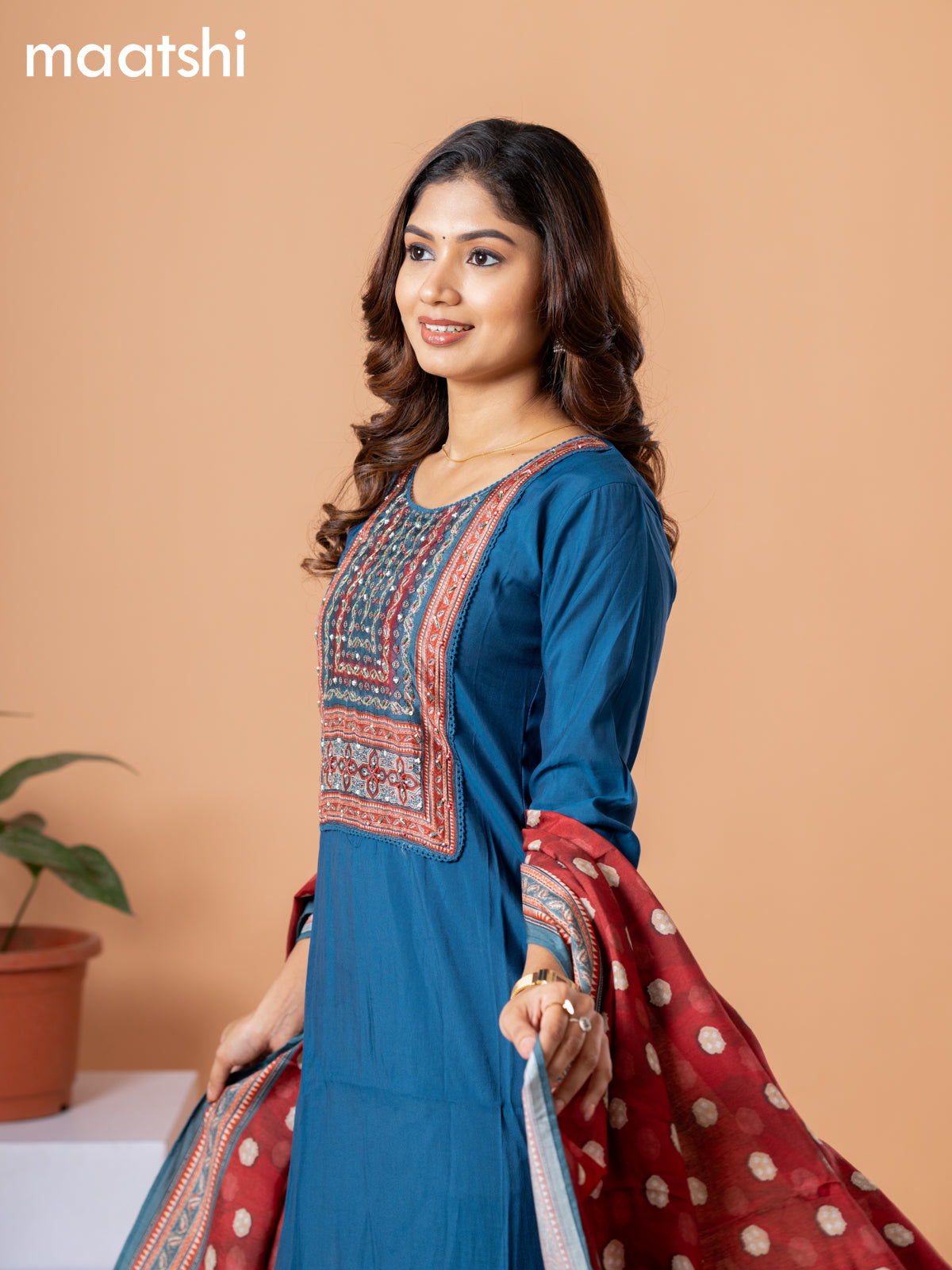 Modal readymade salwar suit peacock blue and maroon with plain body & sequin beaded work neck pattern and straight cut pant & ajrakh prints dupatta