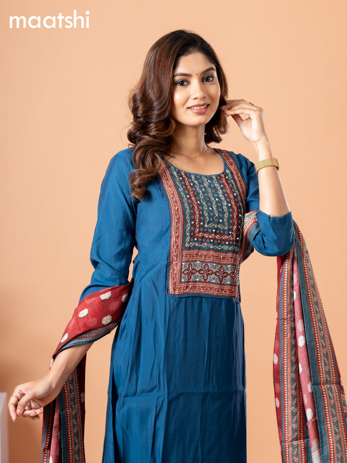 Modal readymade salwar suit peacock blue and maroon with plain body & sequin beaded work neck pattern and straight cut pant & ajrakh prints dupatta