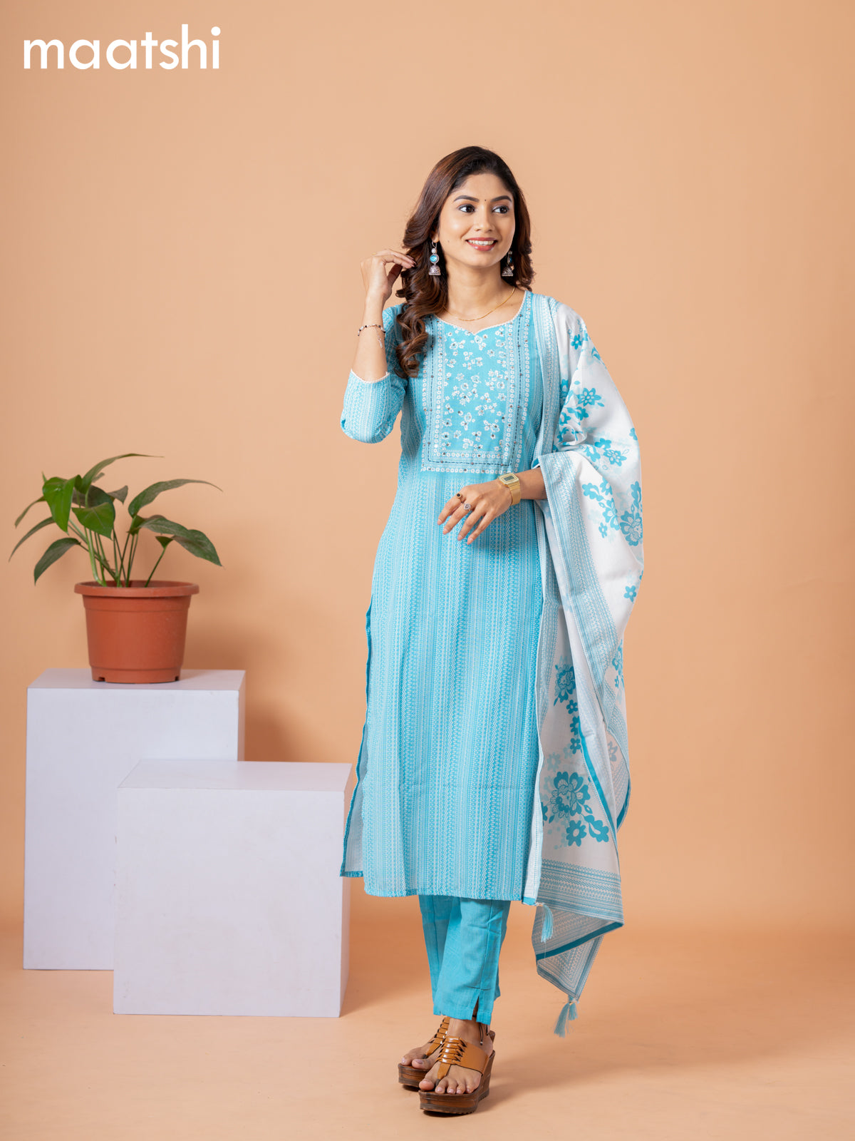 Rayon readymade salwar suit light blue and off white with allover prints & embroidery sequin lace work neck pattern and straight cut pant & dupatta