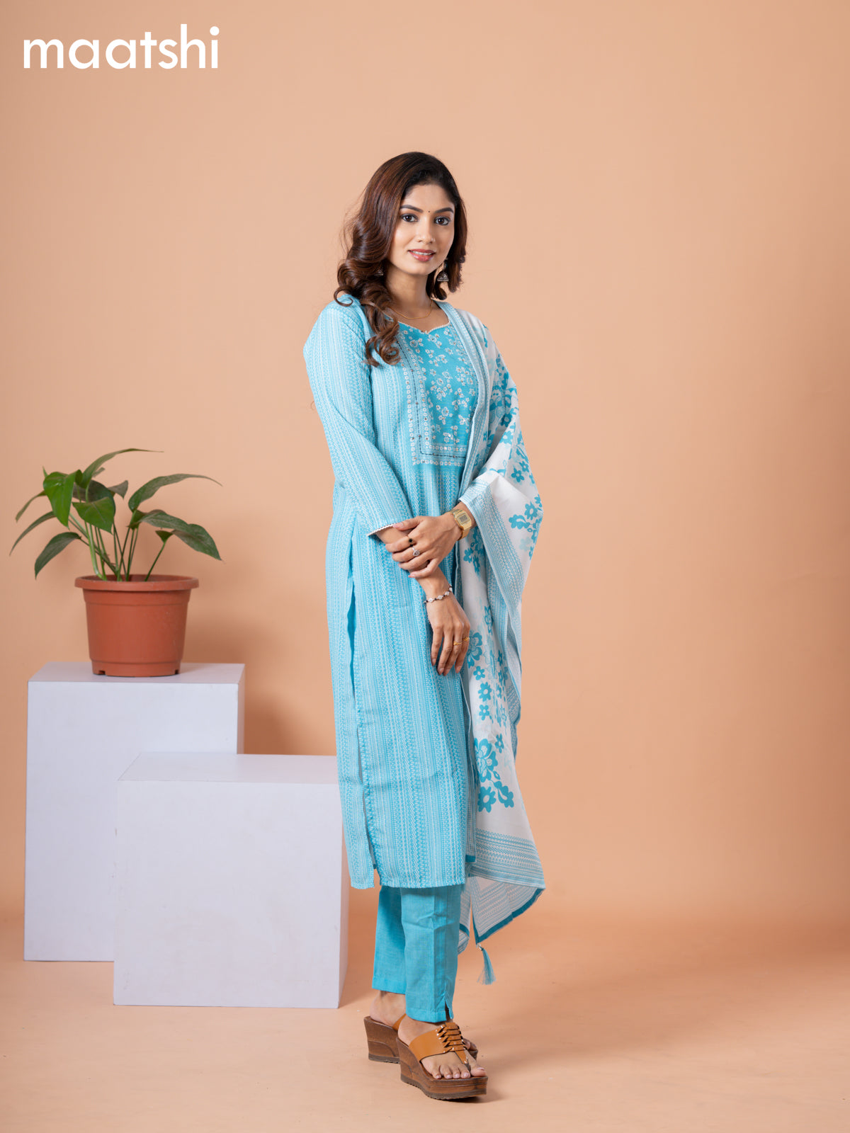 Rayon readymade salwar suit light blue and off white with allover prints & embroidery sequin lace work neck pattern and straight cut pant & dupatta