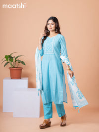 Rayon readymade salwar suit light blue and off white with allover prints & embroidery sequin lace work neck pattern and straight cut pant & dupatta