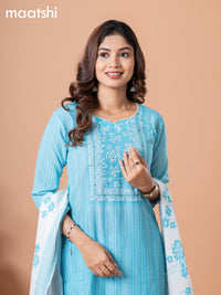 Rayon readymade salwar suit light blue and off white with allover prints & embroidery sequin lace work neck pattern and straight cut pant & dupatta