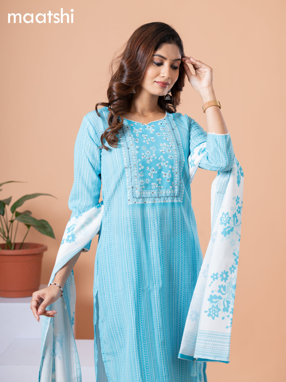 Rayon readymade salwar suit light blue and off white with allover prints & embroidery sequin lace work neck pattern and straight cut pant & dupatta