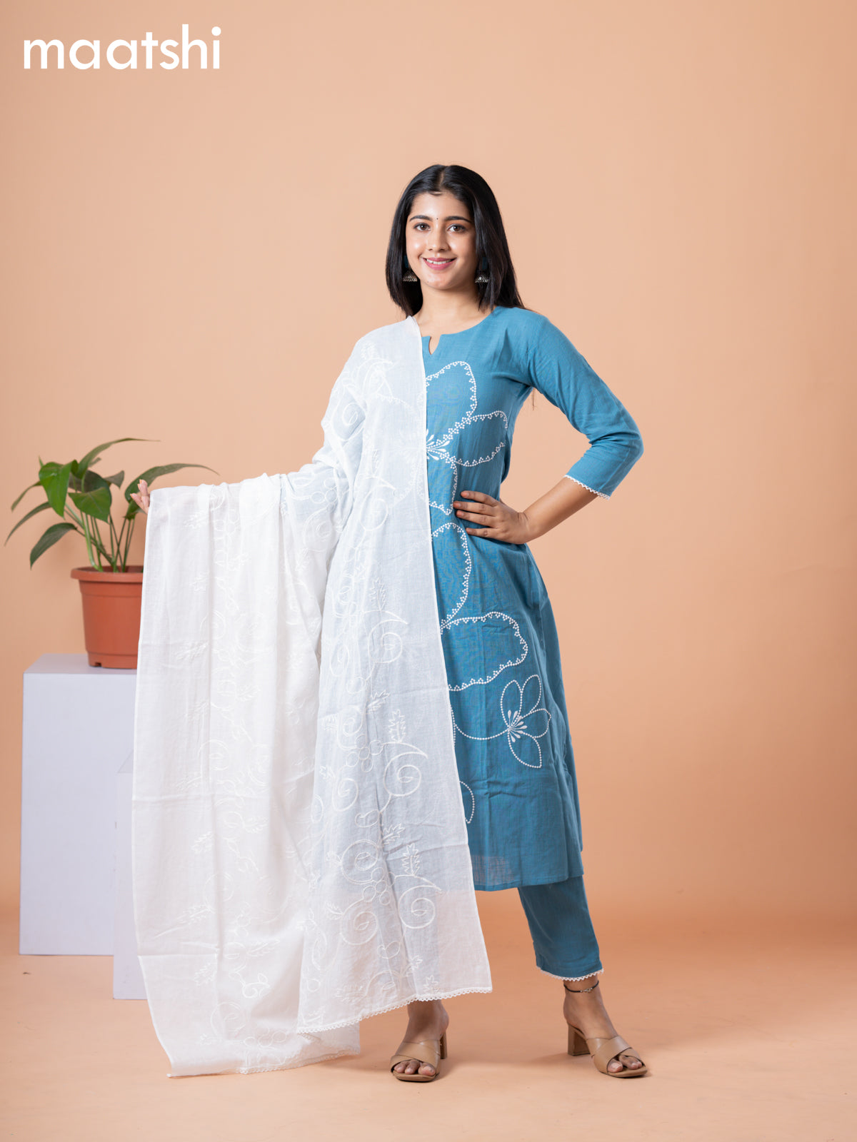 Cotton readymade salwar suit pastel blue and off white with allover embroidery work & simple neck pattern and straight cut pant & dupatta