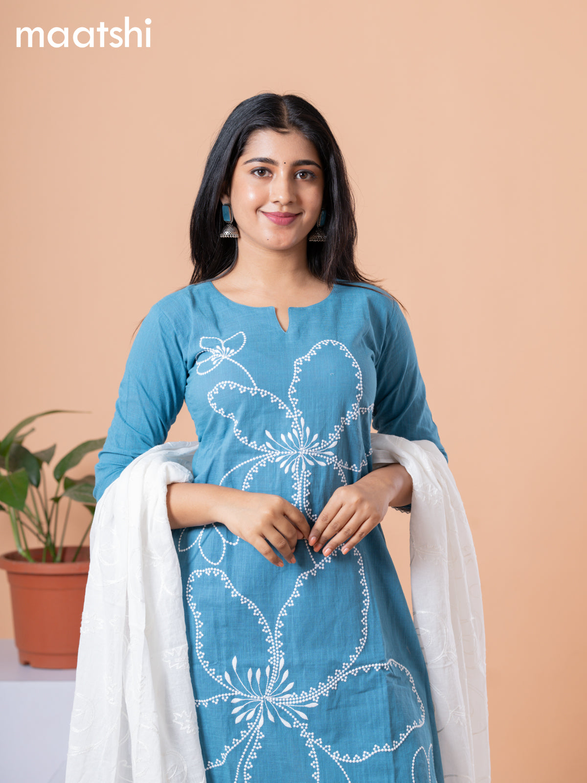 Cotton readymade salwar suit pastel blue and off white with allover embroidery work & simple neck pattern and straight cut pant & dupatta