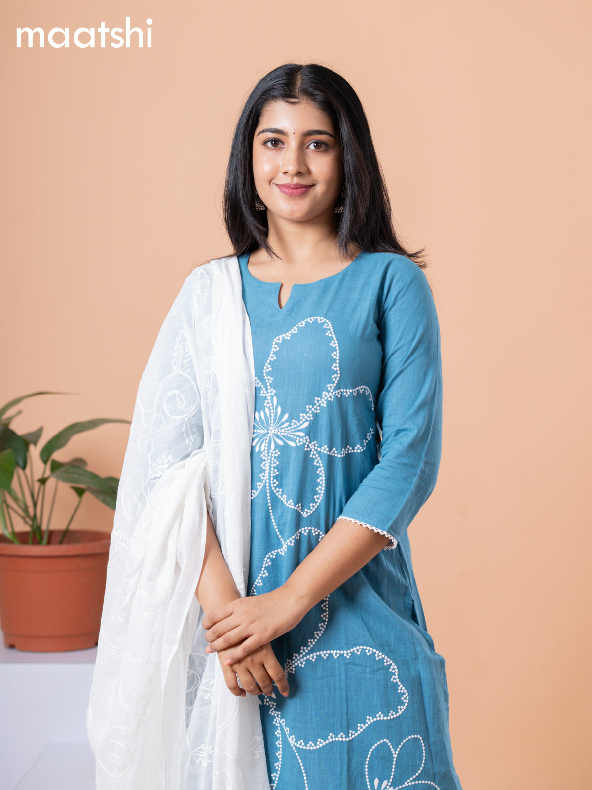 Cotton readymade salwar suit pastel blue and off white with allover embroidery work & simple neck pattern and straight cut pant & dupatta