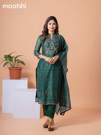 Raw silk readymade salwar suit green with allover butta prints & embroidery mirror work neck pattern and straight cut pant & dupatta