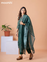 Raw silk readymade salwar suit green with allover butta prints & embroidery mirror work neck pattern and straight cut pant & dupatta