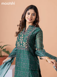 Raw silk readymade salwar suit green with allover butta prints & embroidery mirror work neck pattern and straight cut pant & dupatta