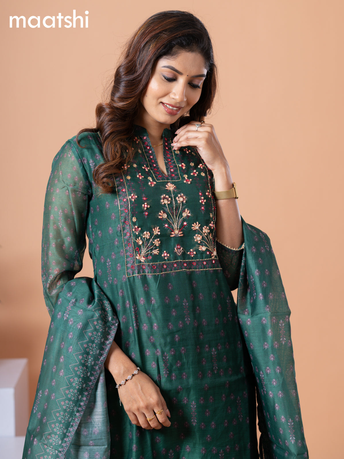 Raw silk readymade salwar suit green with allover butta prints & embroidery mirror work neck pattern and straight cut pant & dupatta