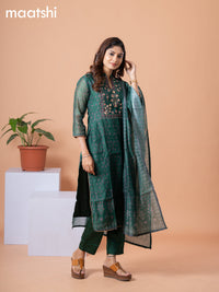 Raw silk readymade salwar suit green with allover butta prints & embroidery mirror work neck pattern and straight cut pant & dupatta