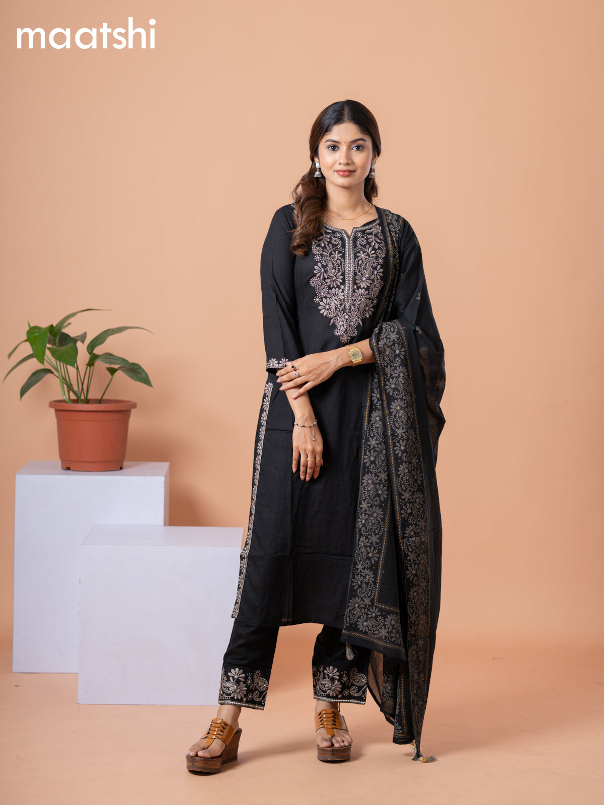 Cotton readymade salwar suit black and grey with plain body & embroidery work neck pattern and straight cut pant & dupatta