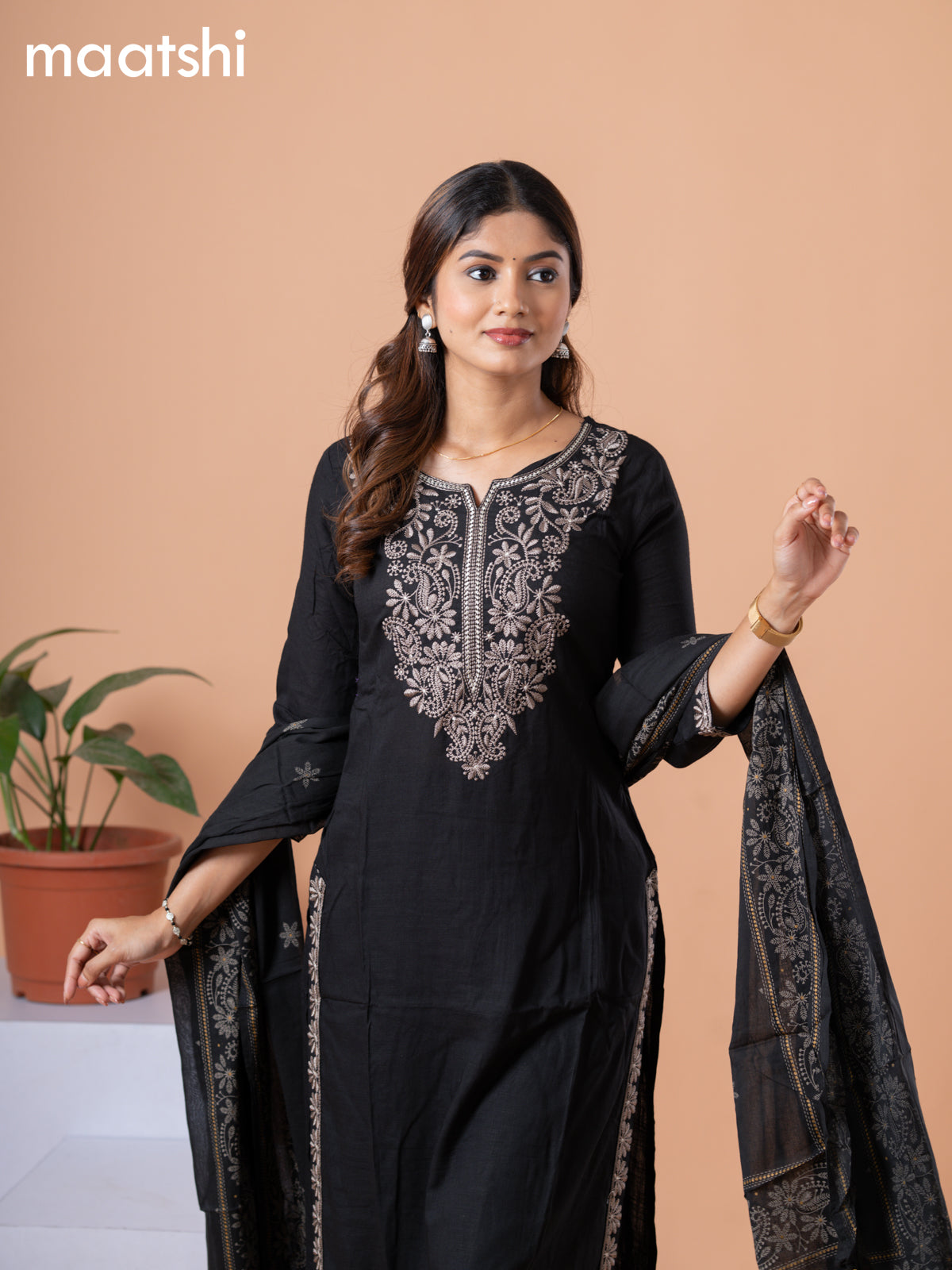 Cotton readymade salwar suit black and grey with plain body & embroidery work neck pattern and straight cut pant & dupatta