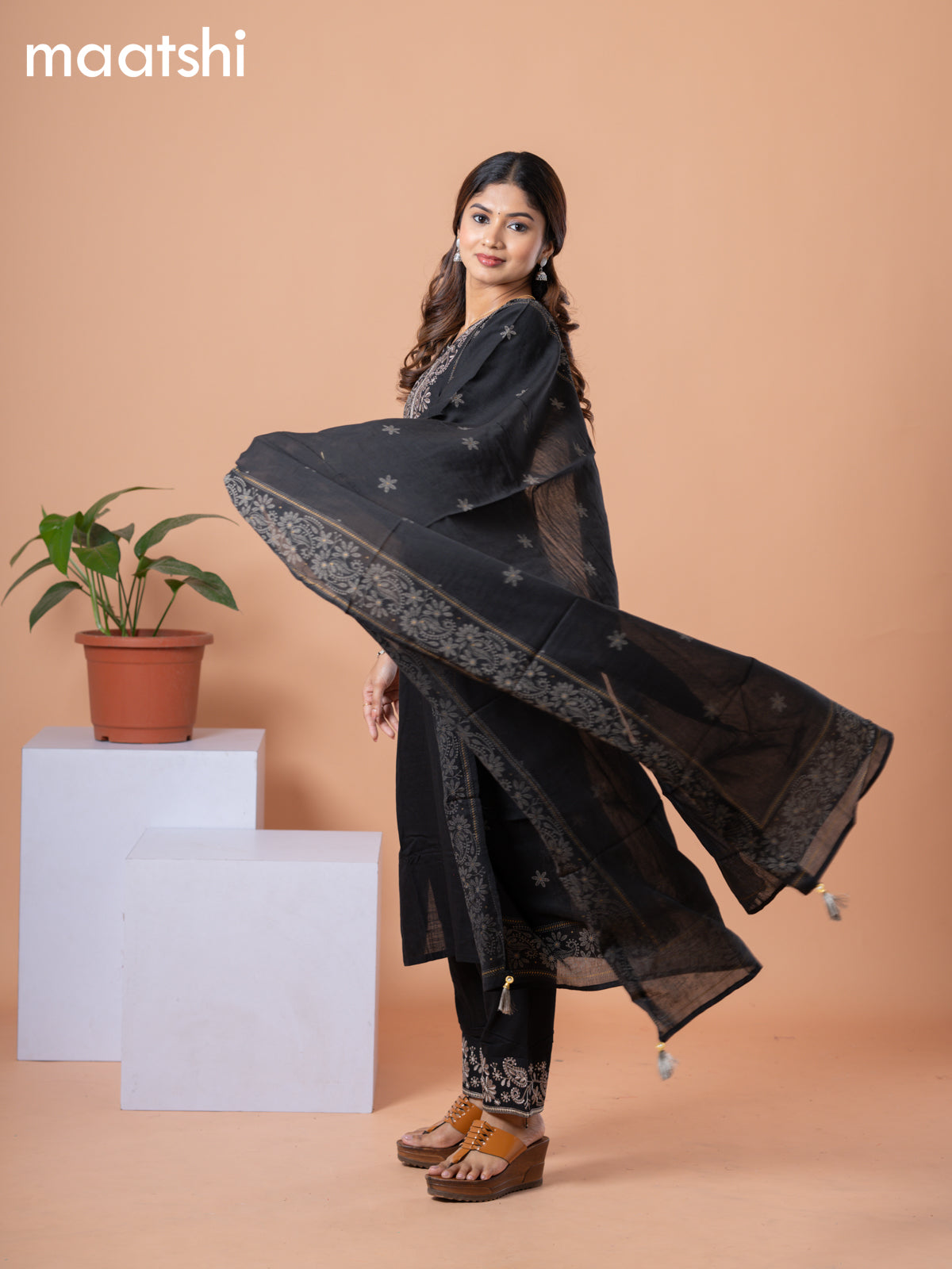 Cotton readymade salwar suit black and grey with plain body & embroidery work neck pattern and straight cut pant & dupatta