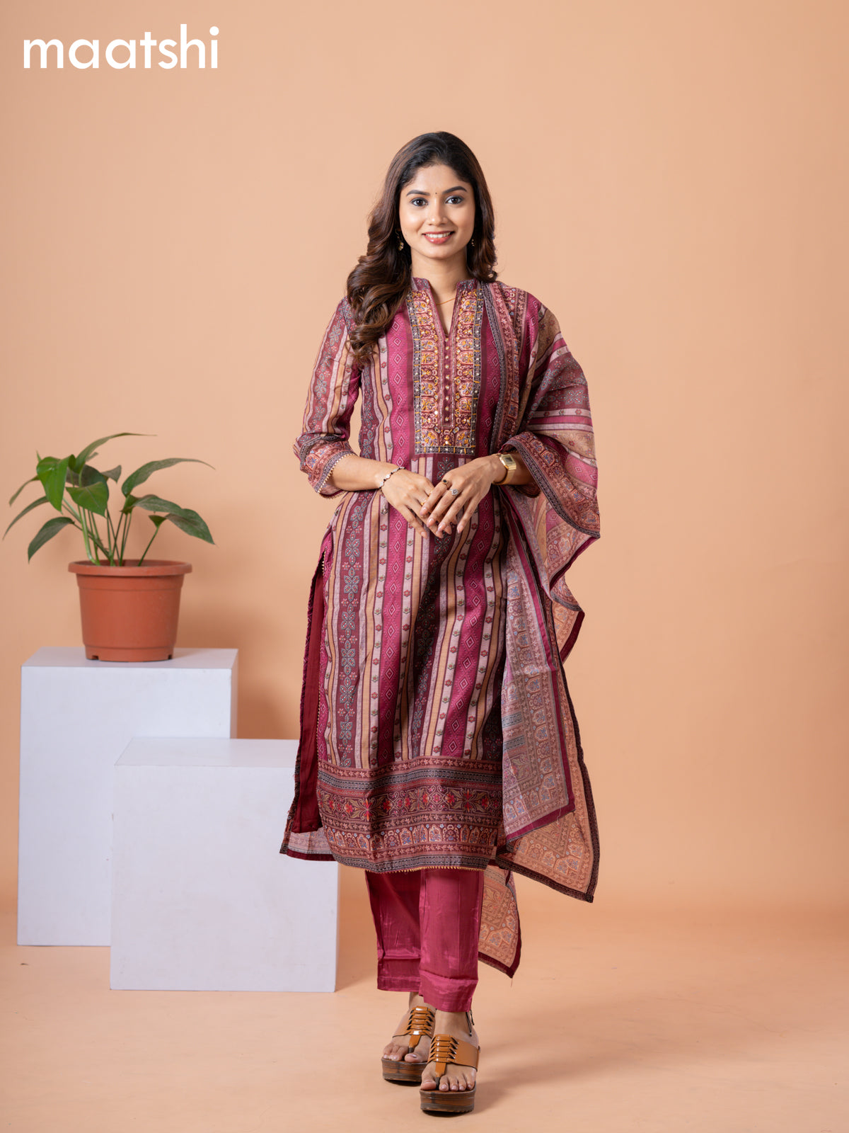 Raw silk readymade salwar suit multi colour and maroon with allover prints & embroidery mirror work neck pattern and straight cut pant & dupatta