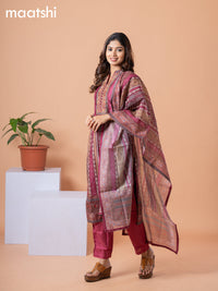 Raw silk readymade salwar suit multi colour and maroon with allover prints & embroidery mirror work neck pattern and straight cut pant & dupatta