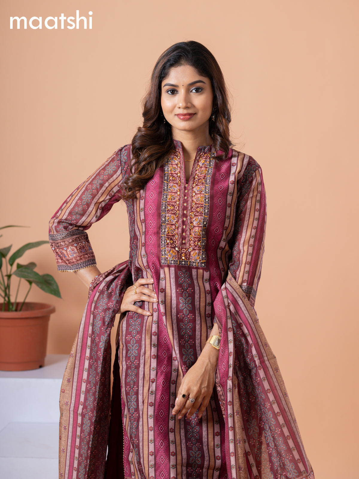 Raw silk readymade salwar suit multi colour and maroon with allover prints & embroidery mirror work neck pattern and straight cut pant & dupatta