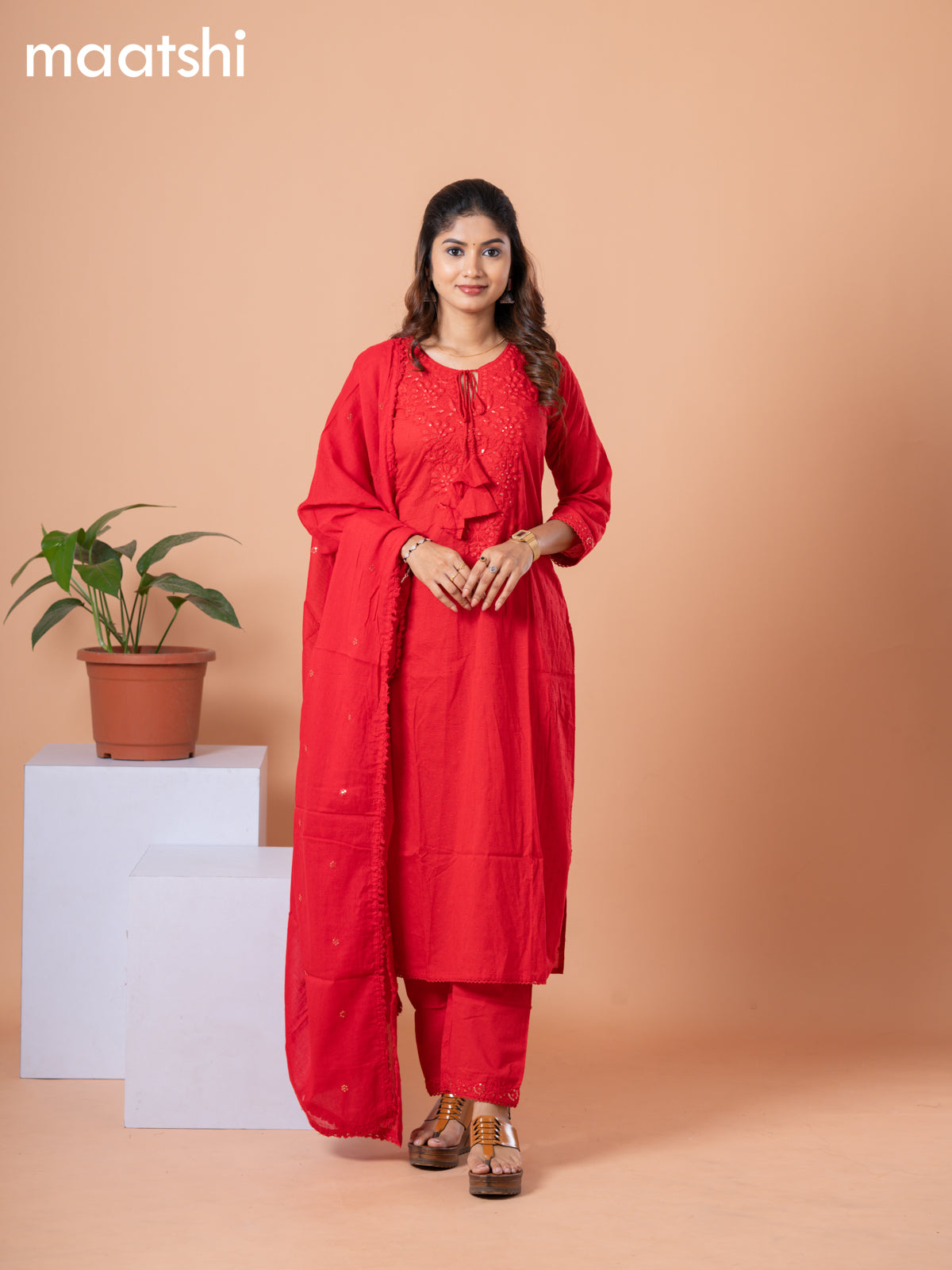 Cotton readymade salwar suit red with embroidery sequin work neck pattern and straight cut pant & dupatta