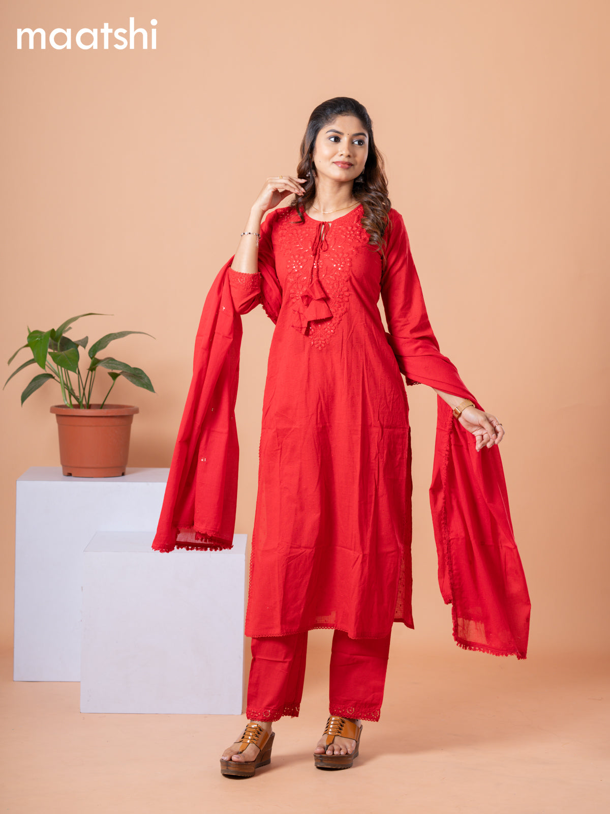 Cotton readymade salwar suit red with embroidery sequin work neck pattern and straight cut pant & dupatta