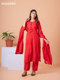 Cotton readymade salwar suit red with embroidery sequin work neck pattern and straight cut pant & dupatta