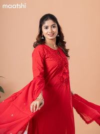 Cotton readymade salwar suit red with embroidery sequin work neck pattern and straight cut pant & dupatta