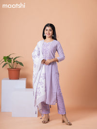 Rayon readymade salwar suit lavender and off white with allover prints & embroidery sequin lace work neck pattern and straight cut pant & dupatta