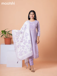 Rayon readymade salwar suit lavender and off white with allover prints & embroidery sequin lace work neck pattern and straight cut pant & dupatta