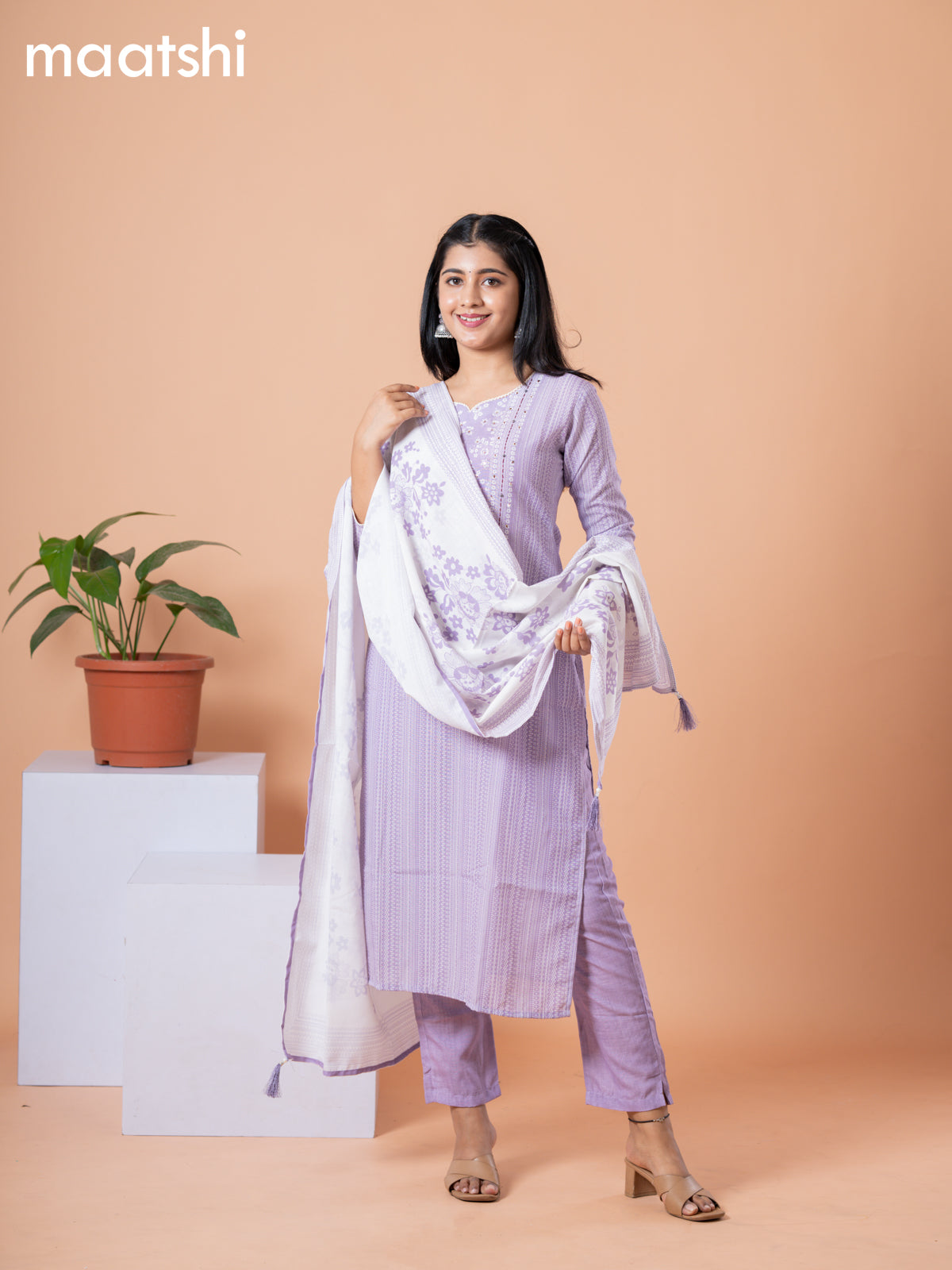 Rayon readymade salwar suit lavender and off white with allover prints & embroidery sequin lace work neck pattern and straight cut pant & dupatta