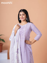 Rayon readymade salwar suit lavender and off white with allover prints & embroidery sequin lace work neck pattern and straight cut pant & dupatta